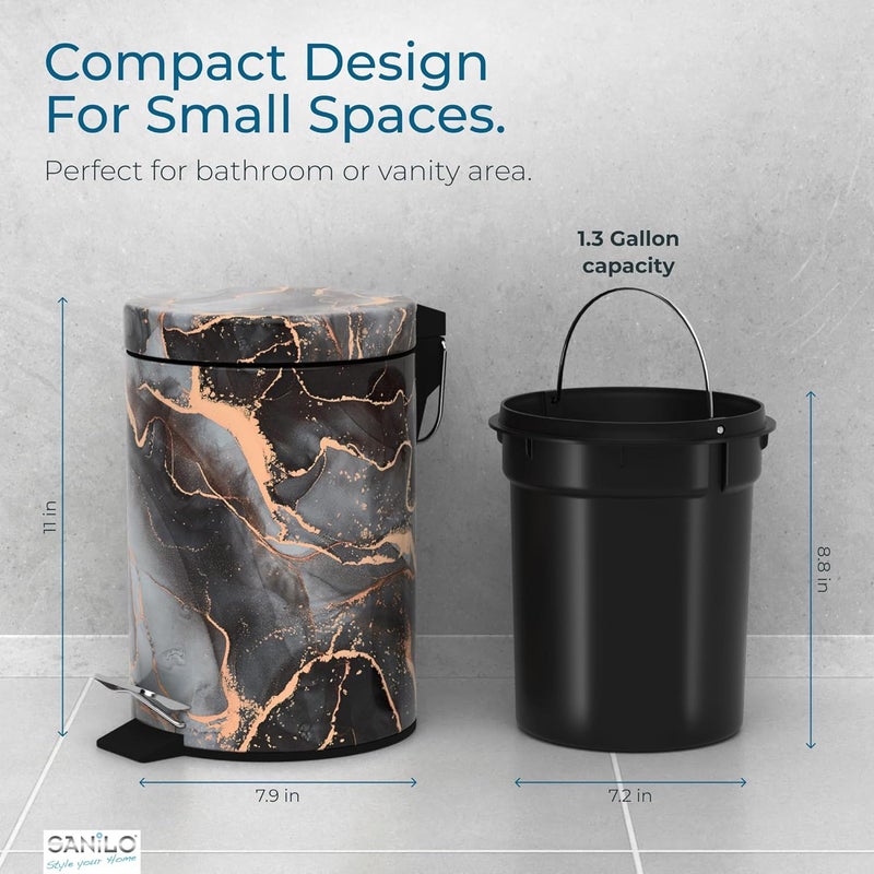 Sanilo Small Bathroom Trash Can with Lid [1.3 Gallon], Lidded Tiny Trashcan for Garbage, Mini Metal Bin with Soft Closing Mechanism, Bath Room Accessoire Wastebin with Inner Bucket (Marble Abstract) - Image 5